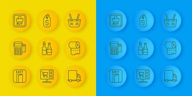 Yangın çıkışı terminalini kredi kartı viski şişesi teslimat kargo kamyonu tuvalet kağıdı rulo alışveriş sepeti ve Price dolar simgesi ile ayarla. Vektör.