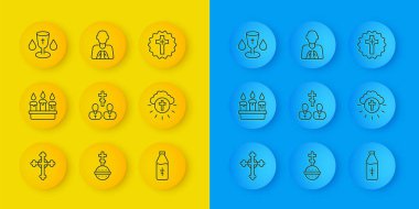 Hristiyan haçı, mum yakıyor kutsal su şişesinde dini çember kadehler ve eller dua ikonu. Vektör.