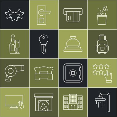 Bavul Kartı Kredi Kartı Oteli sıralamasını ayarla. Anahtar şampanya şişesini cam ve servis çanı ikonuyla kilitle. Vektör.