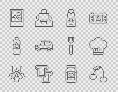 Sivrisinek vişneli kremi ekmekli tost fotoğraf çerçeveli araba reçeli kavanozu ve şef şapkası ikonuna yerleştir. Vektör.