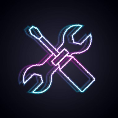 Parlak neon hattı tornavida ve anahtar anahtarı simgesi siyah arkaplanda izole edildi. Servis aracı sembolü. Vektör.
