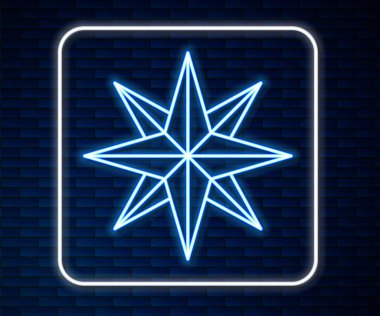 Parlayan neon çizgisi. Rüzgar gül ikonu tuğla duvar arkasında izole edilmiş. Seyahat için pusula simgesi. Navigasyon tasarımı. Vektör.