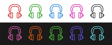 Siyah ve beyaz arkaplanda izole edilmiş satır kulaklığı simgesi. Kulaklıklar. Müzik, hizmet, iletişim ve operatör konsepti. Vektör.