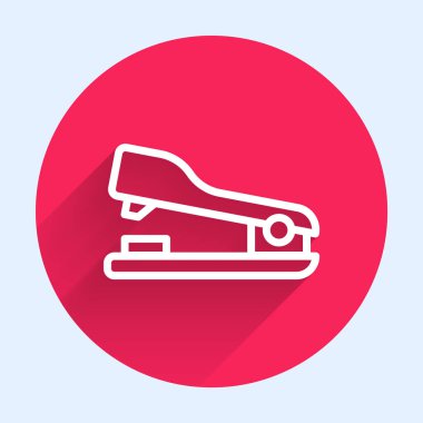 Beyaz çizgi ofis zımba simgesi uzun gölge arkaplan izole. Zımba, zımba, kağıt, karton, ofis malzemeleri. Kırmızı daire düğmesi. Vektör.