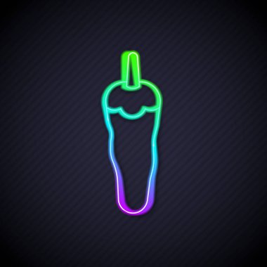 Parlayan neon hattı Siyah arka planda izole edilmiş acı biber kabuğu simgesi. Market, mutfak ürünleri, baharat ve baharat paketi, yemek kitabı için tasarım. Vektör.