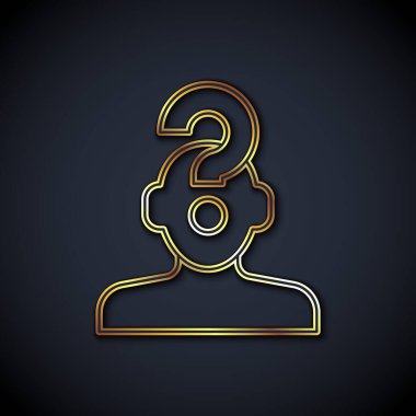 Siyah arka planda soru işareti simgesi olan altın çizgili insan kafası. Vektör.