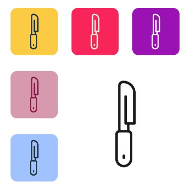 Siyah çizgi bıçak simgesi beyaz arkaplanda izole edildi. Çatal bıçak sembolü. Renkli kare düğmelerle simgeleri ayarla. Vektör.