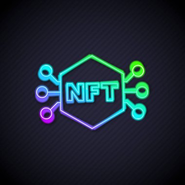 Parlayan neon hattı NFT dijital şifreleme resim simgesi siyah arkaplanda izole edildi. Para iadesi olmayan jeton. Vektör.
