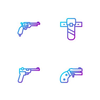 Çizgiyi ayarla Küçük tabanca tabancası, Mauser, Revolver ve Bıçak kılıfı. Renk simgeleri. Vektör.