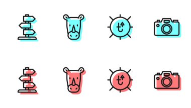 Güneş hattını, trafik işaretini, gergedanları ve fotoğraf makinesi simgesini ayarla. Vektör.