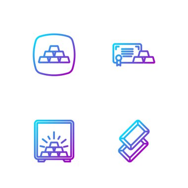 Altın külçeler, altın dolu kasa ve sertifika. Renk simgeleri. Vektör