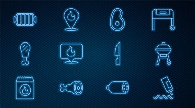 Sos şişesi Barbekü ızgara Biftek Et Yeri 'ni ateş alevi, tavuk bacağı bıçağı ve ikon ile ayarlayın. Vektör.