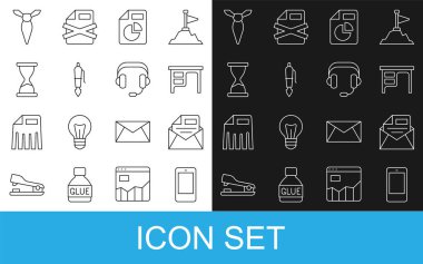 Cep telefonu postalarını ve e-posta ofis masa evraklarını eski kum saati kravatı ve kulaklık simgesiyle birlikte ayarla. Vektör.