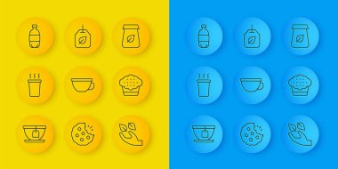 Çay poşeti çay fincanı, elinde kek şişesi, su ambalajı ve ikon. Vektör.