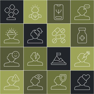 Kırık kalp ya da boşanma haplarını çevrimiçi psikolojik danışmanlık, psikoloji, beyin sarsıntısı, şizofreni ve ilaç ikonu yapın. Vektör.