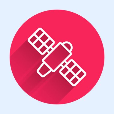 Beyaz çizgi uydu ikonu uzun gölgeli izole edildi. Kırmızı daire düğmesi. Vektör.