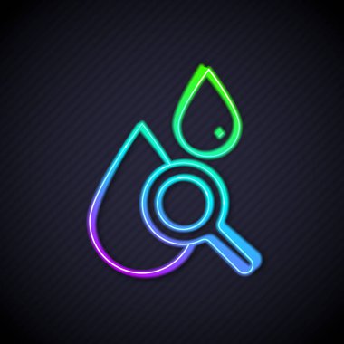 Parlayan neon hattı düşüşü ve büyüteç simgesi siyah arkaplanda izole edildi. Vektör.