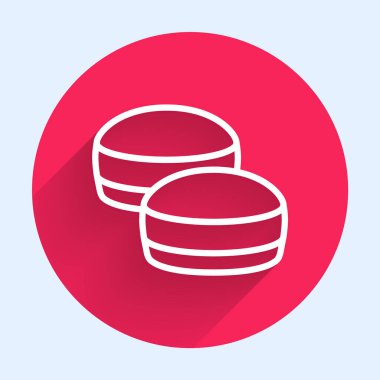 Beyaz çizgi makarna kurabiye ikonu uzun gölge arkaplan izole. Makarna tatlı fırın. Kırmızı daire düğmesi. Vektör.