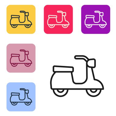 Siyah çizgi Scooter simgesi beyaz arkaplanda izole edildi. Renkli kare düğmelerle simgeleri ayarla. Vektör.