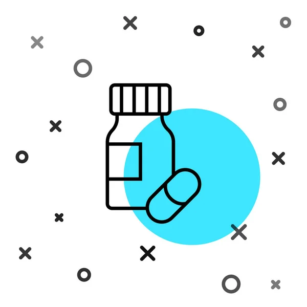 Zwarte Lijn Medicijn Fles Pillen Pictogram Geïsoleerd Witte Achtergrond Flessenpil — Stockvector