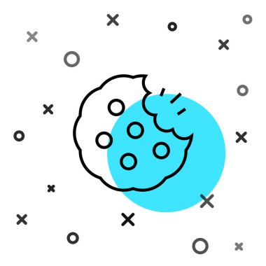 Beyaz arka planda izole edilmiş siyah çizgi Cookie veya çikolata ikonlu bisküvi. Rastgele dinamik şekiller. Vektör.