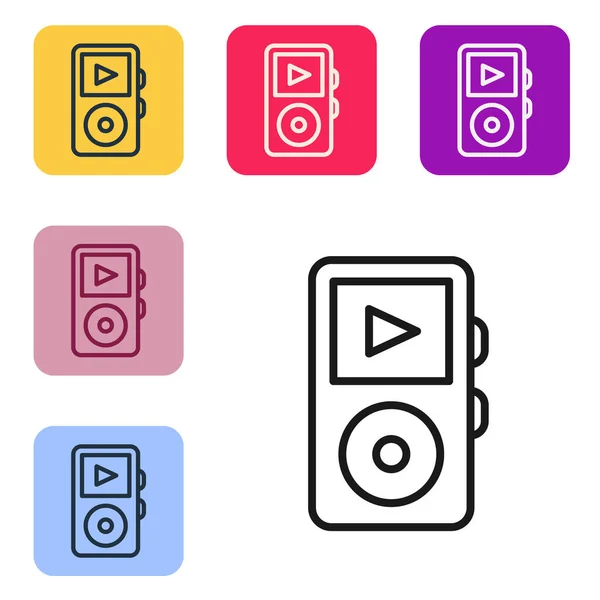 黑线音乐播放器图标孤立在白色背景 便携式音乐设备 在彩色正方形按钮中设置图标 — 图库矢量图片