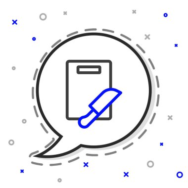 Beyaz arka planda hat kesme tahtası ve bıçak simgesi izole edildi. Kesme tahtası sembolü. Çatal bıçak sembolü. Renkli taslak konsepti. Vektör.