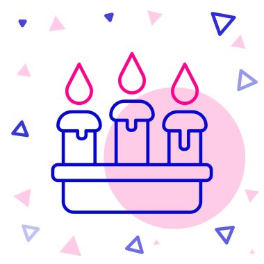 Beyaz arkaplanda izole edilmiş şamdan simgesinde çizgi yakma mumu. Silindirik mum çubuğu ve yanan ateş. Renkli taslak konsepti. Vektör.