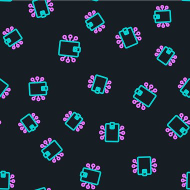 Satır Kripto para birimi cüzdan simgesi siyah arkaplanda izole edilmiş kusursuz desen. Cüzdan ve bitcoin işareti. Maden konsepti. Para, ödeme, nakit, ödeme ikonu. Vektör.