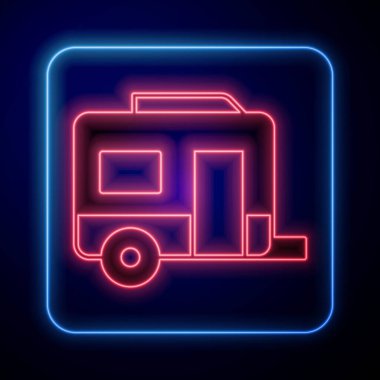 Parlayan neon karavan kampı simgesi siyah arkaplanda izole edildi. Gezici ev, karavan, yolculuk için ev karavanı. Vektör.