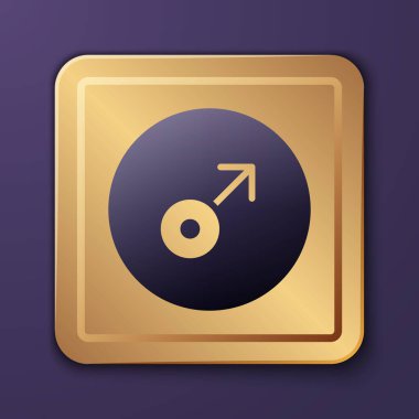 Mor Mars sembolü simgesi mor arkaplanda izole edilmiş. Astroloji, numeroloji, yıldız falı, astronomi. Altın kare düğme. Vektör.