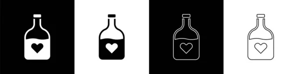 Set Bottle Love Potion Icon Isolated Black White Background Happy — Stock Vector