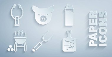 Barbekü çatalı aydınlatma ızgara kesme tahtası domuz ve et maşası simgesini ayarlayın. Vektör.