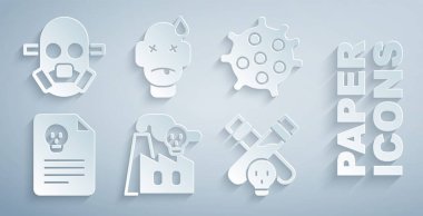 Fabrika Bacteria Radyasyon uyarı belgesi şişe iksir adam zehirlenmesi ve gaz maskesi ikonu ile ayarlayın. Vektör.