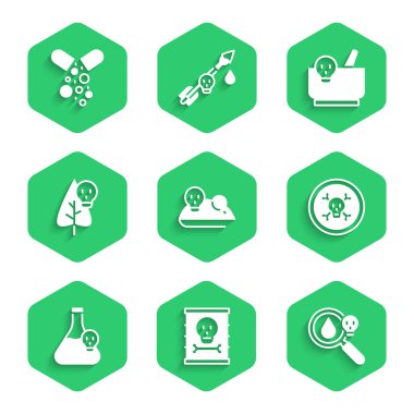 Zehirli büyüteç, kemik ve kafatası şişesine zehirli sıvı havan topuzu ve zehirli hap ikonu ile deney faresi radyoaktif atıkları yerleştirin. Vektör.