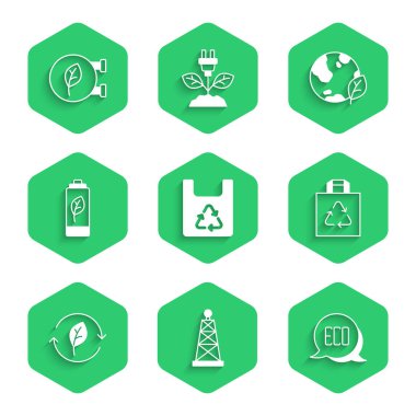 Alış veriş torbasını geri dönüşüm petrol teçhizat sembolü Yaprak Geri Dönüşüm doğa bataryası dünya küresi ve dükkan ikonu ile ayarla. Vektör.