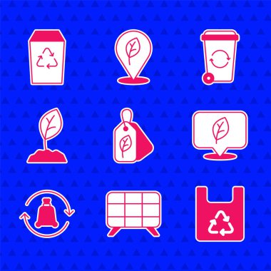 Etiketi yaprak güneş enerjisi paneli ile ayarla alışveriş torbası geri dönüşüm konumu çöp tenekesi ve simge. Vektör.