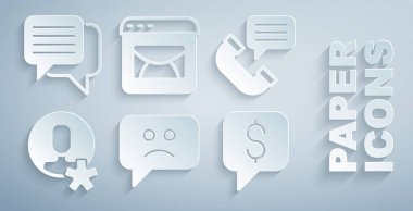 Üzgün gülümseme telefon görüşmelerini ayarla Seçilmiş çalışanlar Maaşlı destek postası, e-posta ve konuşma balonu sohbet simgesi. Vektör.