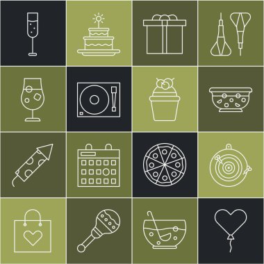 Balon 'u kalp şeklinde ayarla klasik dart tahtası ve ok karışık punç kasesi hediye kutusu vinil disk kokteyl alkollü cam şampanya ve kek ikonu. Vektör.