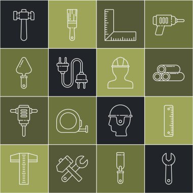 Wrench anahtarı, endüstriyel metalik boru, viraj cetveli, elektrikli fiş, çekiç ve işçi kaskı ikonu ayarla. Vektör.