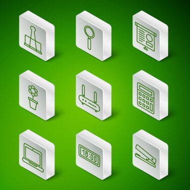 Ofis zımbası dijital alarm bağlayıcı Router ve kablosuz ağ sinyali büyüteç, cam laptop ve hesap makinesi simgesini ayarla. Vektör.