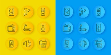 HDD Uzaktan Kumanda ve Güvenlik kamerası simgesi ile müzik çalar Retro TV Router ve wi-fi sinyal yazıcı Stereo hoparlörünü ayarla. Vektör.