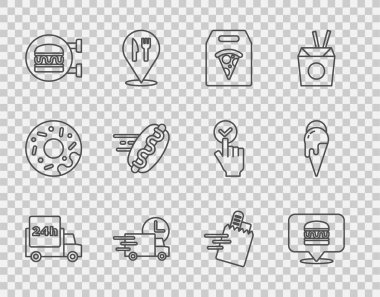 İnternetten hamburger, sosisli sandviç ve dondurma siparişi vererek hızlı teslimat yapın. Vektör.