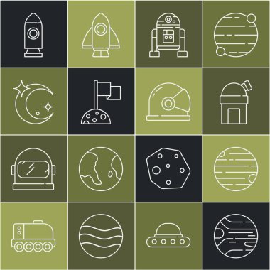 Gezegen Astronomik Gözlemevi Robot Ay 'ı bayraklı ve yıldızlı Roket gemisi ve astronot miğferi ikonu ile hizaya sokun. Vektör.