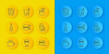 Kahve fincanı, şampanya şişesi, bar kokteyl bardağı, bardak viski ve Bloody Mary ikonu tabelaları. Vektör.