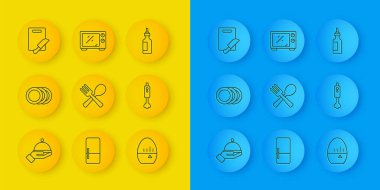 Çizgiyi tabladan geçirilmiş çatal ve kaşık zamanlayıcı ile kaplayın. Mutfak bıçakları, zeytinyağı şişesi ve mikrodalga fırın ikonu. Vektör.