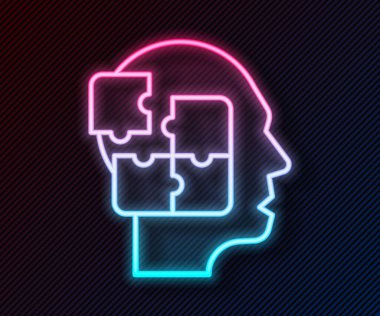 Parlayan neon hattı insan kafası bulmaca strateji ikonu siyah arkaplanda izole edildi. Beyin işaretini düşünüyorum. Beynin sembol çalışması. Vektör.
