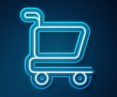 Parlayan neon hattı alışveriş arabası simgesi mavi arka planda izole edildi. İnternetten satın alma konsepti. Servis tabelası. Süpermarket sepeti sembolü. Vektör.