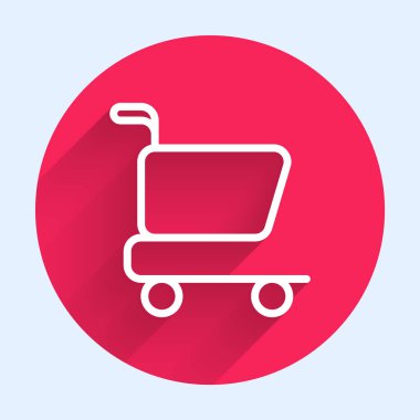 Beyaz çizgi alışveriş arabası simgesi uzun gölge arkaplan izole. İnternetten satın alma konsepti. Servis tabelası. Süpermarket sepeti sembolü. Kırmızı daire düğmesi. Vektör.