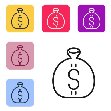 Siyah çizgi Para Çantası simgesi beyaz arkaplanda izole edildi. Dolar ya da USD sembolü. Nakit bankacılık tabelası. Renkli kare düğmelerle simgeleri ayarla. Vektör.